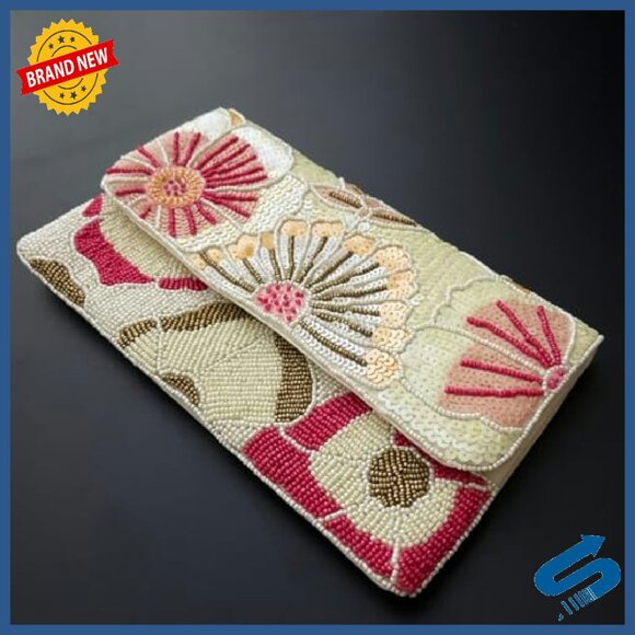 Handmade Beaded Clutch Evening Bag Compact Leather Purse Wedding Party